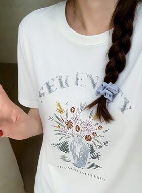 新款夏季2026字母花卉印花T恤宽松圆领上衣清新甜美女装白色短袖