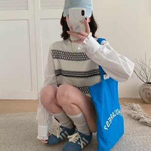 袖 春季 新款 圆领条纹宽松针织马甲外穿2026衬衫 假两件上衣韩系女装