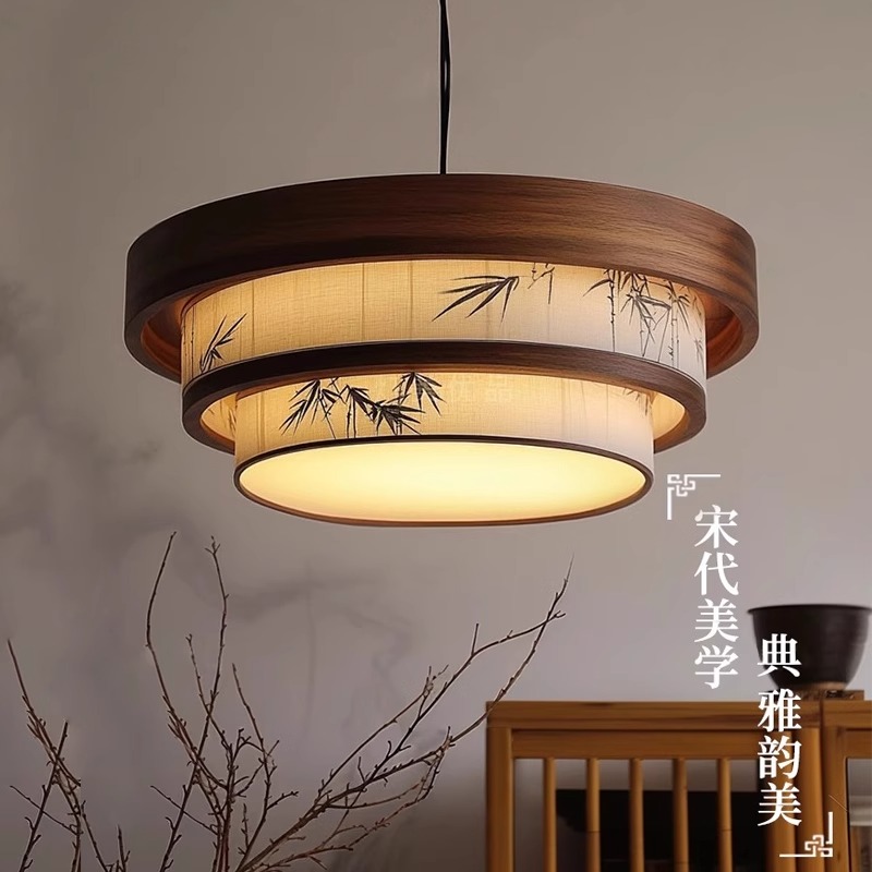 宋代美学胡桃木实木圆形灯