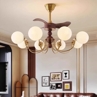 中古风胡桃木色客厅变频一体吊扇灯覆古时尚饭厅卧室魔豆风扇吊灯