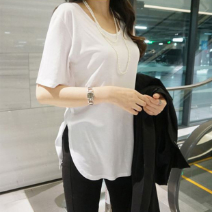 韩版宽松纯色T恤女2024新款夏季中长款侧开叉短袖内搭圆领打底衫