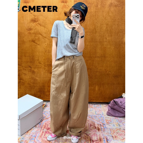 CMETER 大圆领灰色百搭苎麻短袖T恤