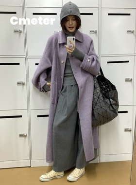 CMETER 【牦牛绒】水墨江南烟紫色长款大衣弯刀袖手工双面呢外套