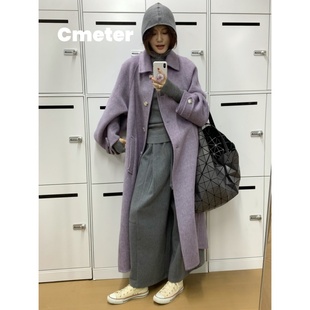 CMETER 【牦牛绒】水墨江南烟紫色长款大衣弯刀袖手工双面呢外套