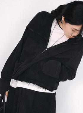 CMETER 25春季短款拉链连帽休闲运动水洗卫衣女