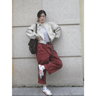 百搭阔腿酒红色高腰显瘦宽松裤