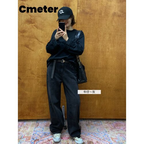 Cmeter经典小直筒碳灰加绒牛仔裤长裤