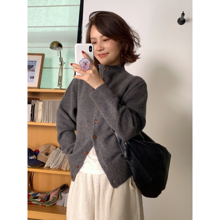 cmeter全羊毛秋冬小立领开衫毛衣女