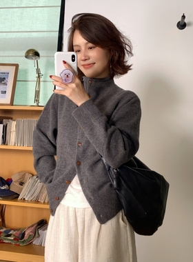 cmeter全羊毛秋冬小立领开衫毛衣女