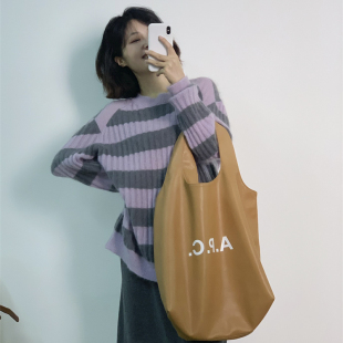 LEEME厘米秋冬中长款圆领香芋紫条纹马海毛毛衣女