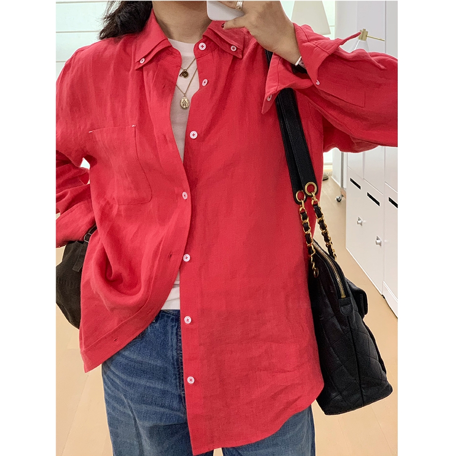 cmeter 【慵懒西瓜红】纯亚麻休闲帅气宽松男友风衬衫