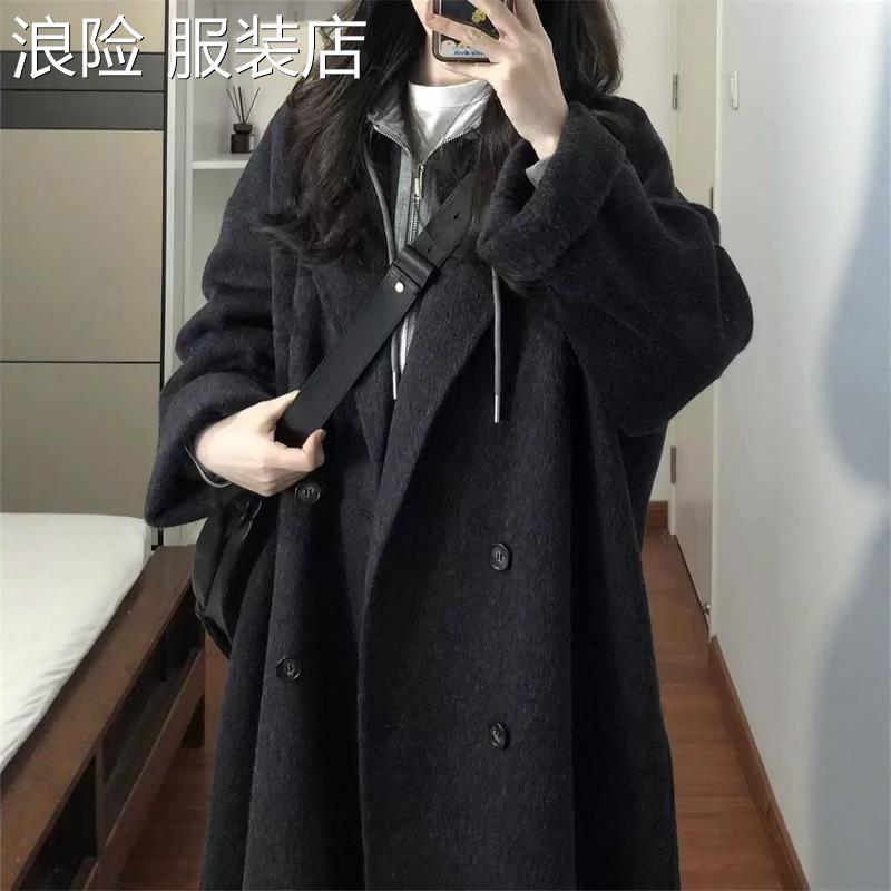 浪险黑灰色高级感双面羊绒大衣女2025秋冬季新款韩系中长款羊毛呢