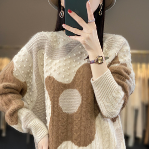 23重磅加厚100%纯羊绒衫女圆领提花拼色毛衣宽松羊毛针织打底上衣