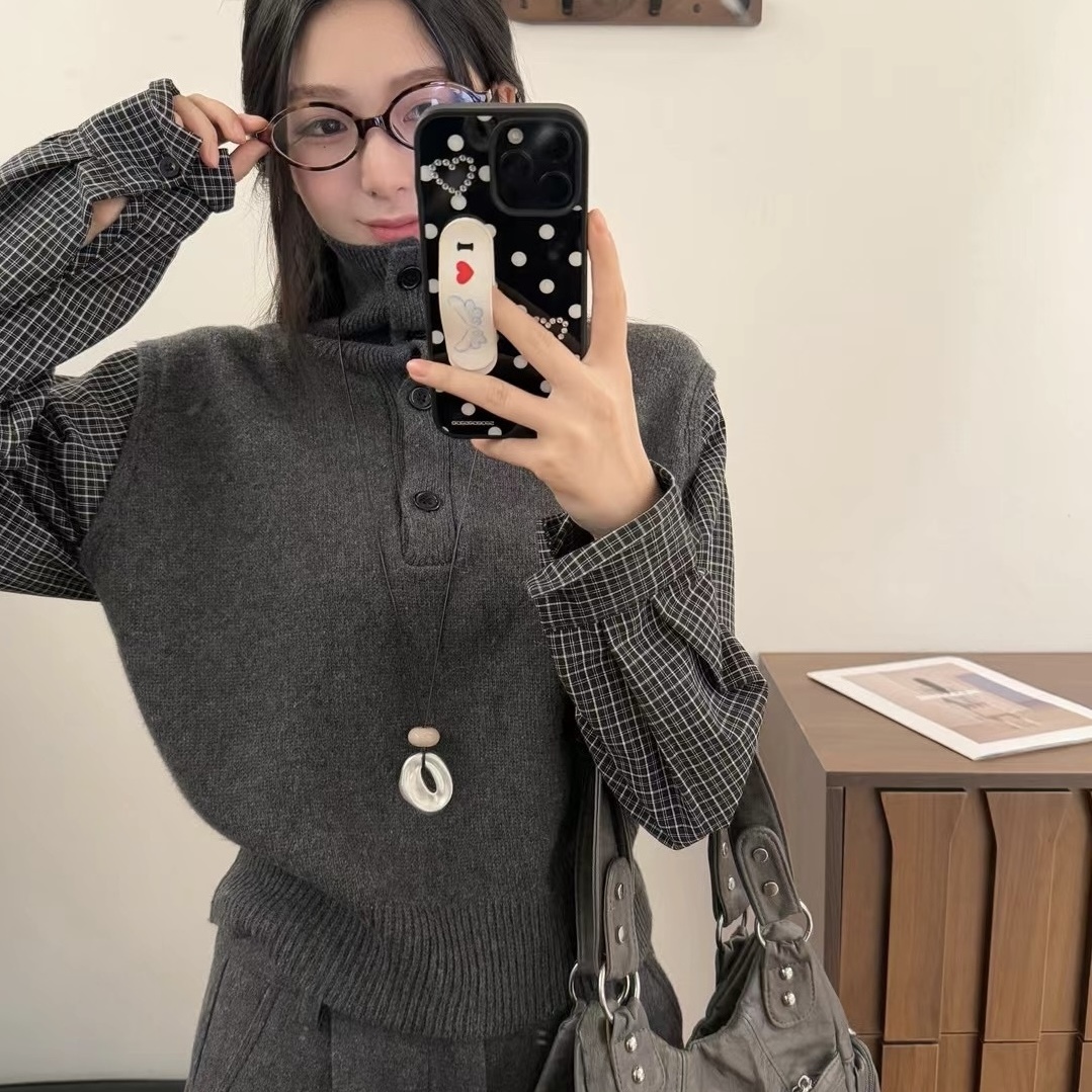 nibiezou假两件半开领针织毛衣女