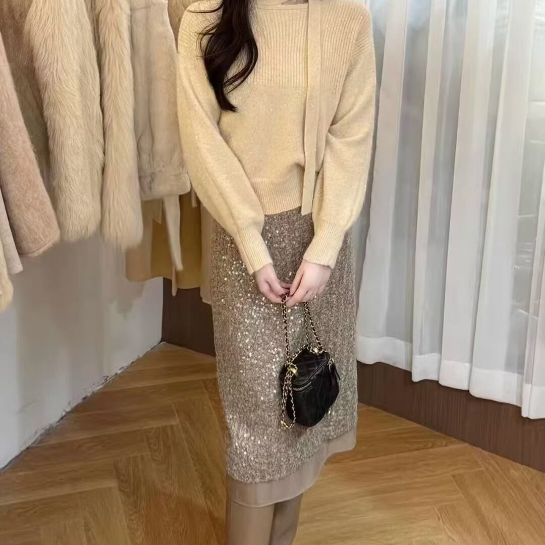 超好看重工亮片蕾丝拼接半身裙女2026春季新款轻奢高级感中长裙子