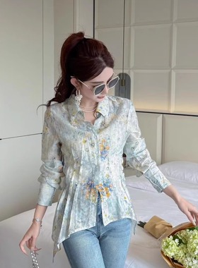 2025春季新款复古印花长袖衬衫女气质收腰显瘦翻领不规则衬衣ouse