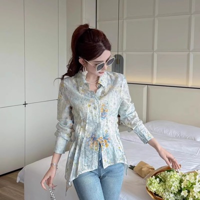 ouse复古不规则收腰显瘦碎花衬衫