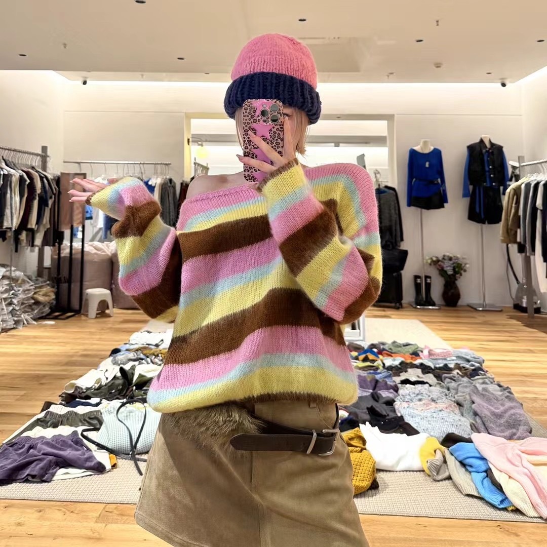 你别走慵懒风圆领条纹毛衣女秋季