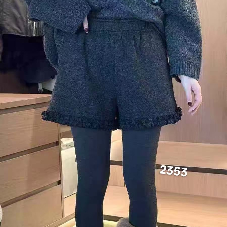 黑灰色高腰显瘦木耳边毛呢短裤女