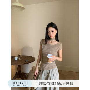 鹿见喜 法式 飘带短袖 t恤女夏高级感气质显瘦针织上衣独特别致小衫