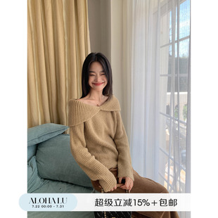 鹿见喜法式 上衣女 大翻领坑条套头毛衣女春季 小众设计感针织打底衫