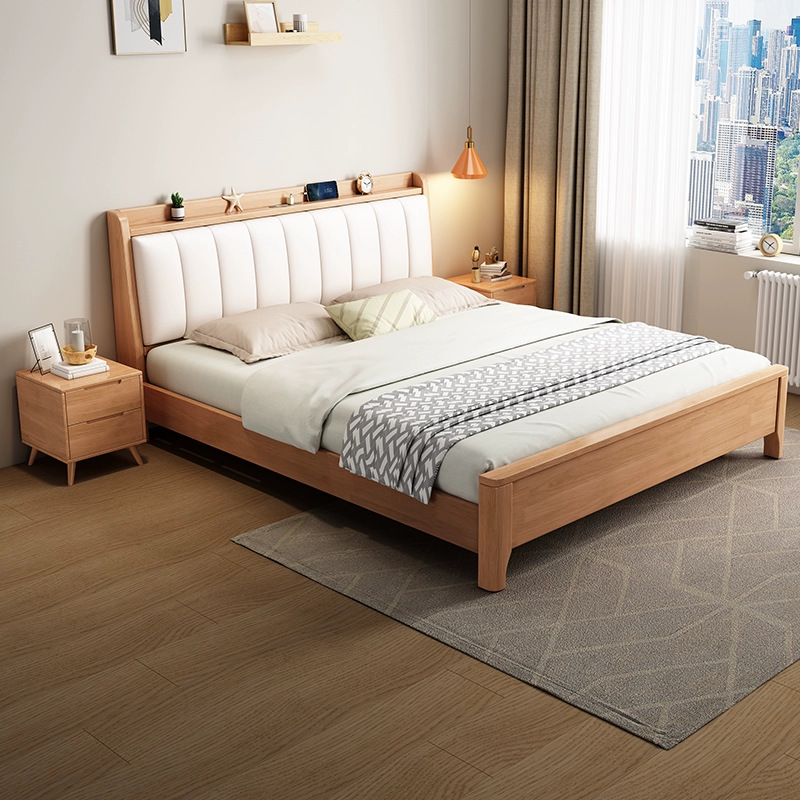 北欧实木床1.8米双人1.5m软靠带夜灯现代简约小户型储物卧室家具
