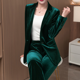 显瘦通勤西服微喇叭裤 女职场大码 两件套 套装 高级感墨绿金丝绒西装