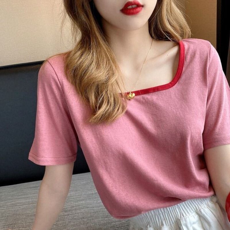2021夏季新款纯棉短袖T恤女方领韩版宽松学生百搭上衣纯色ins小衫|msdalam kategori Butik wanita / wanita, shirt - dari Buy2taobao.com untuk memberikan perkhidmatan ejen Taobao profesional membeli