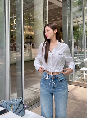 24早春新款 学院风条纹抽绳短衬衫 基础款白色字母长袖衬衣女