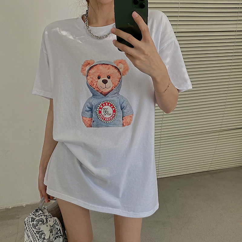 Real shot 2021 summer new hot drill printing short sleeve medium length loose T-shirt women's half sleeve T-shirt