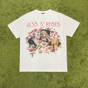 枪花乐队Guns Rose复古玫瑰印花高街潮牌宽松短袖 tee Vintage T恤