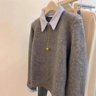 灰色假两件polo领内搭针织毛衣女秋冬短款慵懒风宽松打底针织上衣