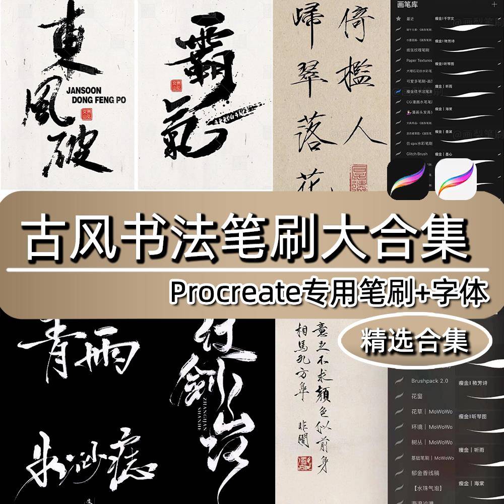 procreate笔刷古风书法水墨写字手写瘦金体中文板写毛笔ipad字体图片