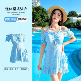 新款 连体泳衣女夏季 甜美碎花裙式 清新保守遮肚显瘦度假泡温泉泳装