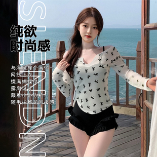 防晒温泉泳装 泳衣女连体两件套纯欲遮肉显瘦钢托聚拢长袖 罩衫