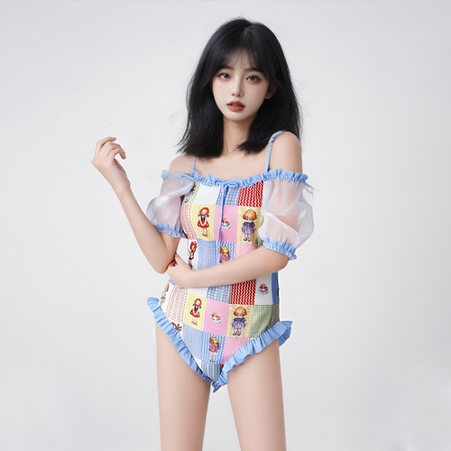 连体泳衣女2025新款日系辣妹风印花短袖遮肚显瘦纯欲海边度假泳装