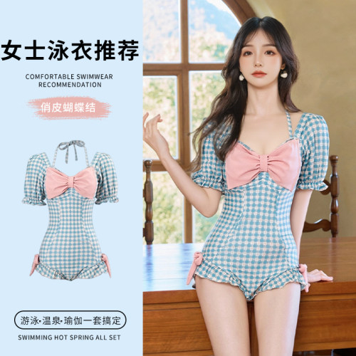 连体泳衣女日系吊带格子保守遮肉显瘦蝴蝶结绑带海边沙滩温泉泳装