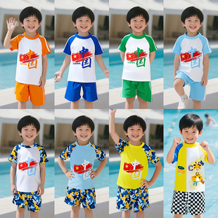 防晒男孩泳装 儿童泳衣男童中小童短袖 处理 高档面料5折配泳帽
