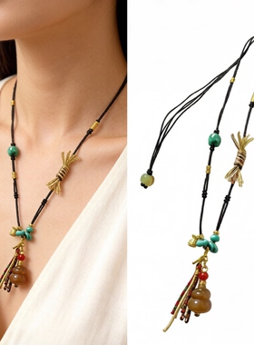 「盘它」和田玉糖葫芦项链绿松女手工编织复古配饰新中式毛衣链