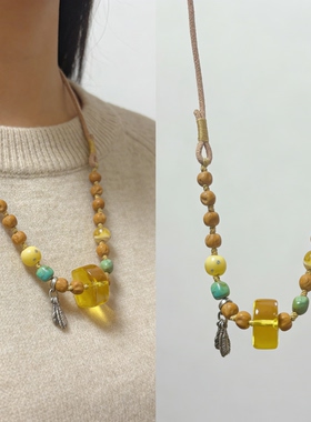 「盘它」原创设计天然花珀方糖搭配足银南红绿松锁骨项链提溜链条