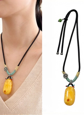「盘它」蜜蜡花蜡鸡油黄原石项链复古民族风配饰原创设计毛衣链