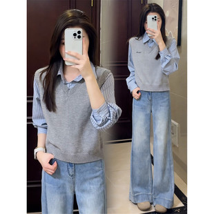 2025秋新款韩版假两件马甲宽松慵懒风毛衣女设计感小众针织衫上衣