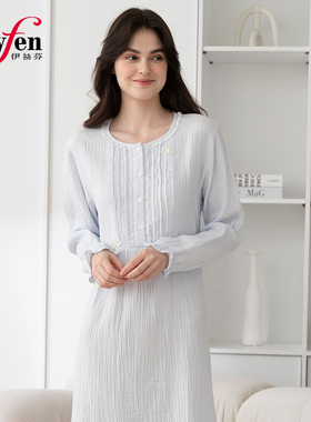 伊丝芬春夏新款 圆领半开襟长袖睡裙纯棉双层纱绉布细花边32012