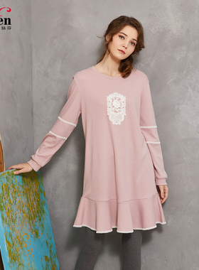 Isyfen/伊丝芬女士纯棉睡裙针织圆领套头休闲女式睡衣可外穿30216