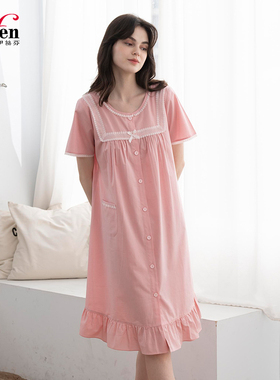 伊丝芬春夏新品 圆领全开襟短袖中长款睡裙纯棉梭织青年布 32024