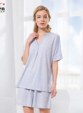 伊丝芬春夏超细纤维针织面料V领套头舒适休闲短袖短裤衣裤套39804