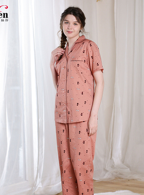 伊丝芬春夏新款100%纯棉睡衣女印花国民领两件套短袖长裤33066