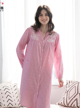 伊丝芬春夏新款V领全开襟长袖睡裙纯棉双层纱提花女士睡衣裙32014