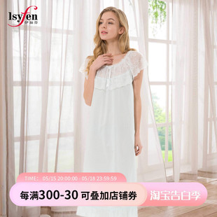 伊丝芬春夏专柜新品 Isyfen 39045全棉圆领镶蕾丝舒适凉爽女睡裙