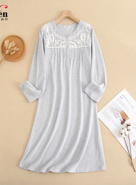 伊丝芬秋冬款针织100%纯棉圆领半开襟长袖女士睡裙柔软舒适38912